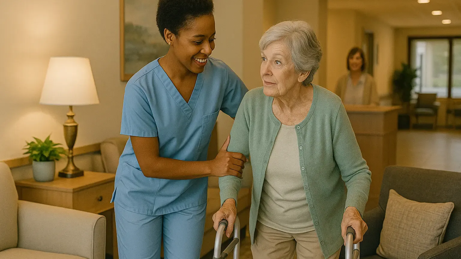 Assisted living caregiver with resident
